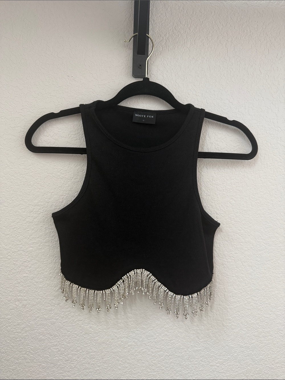 White Fox Black Bedazzled Fringed Crop Tank Size S